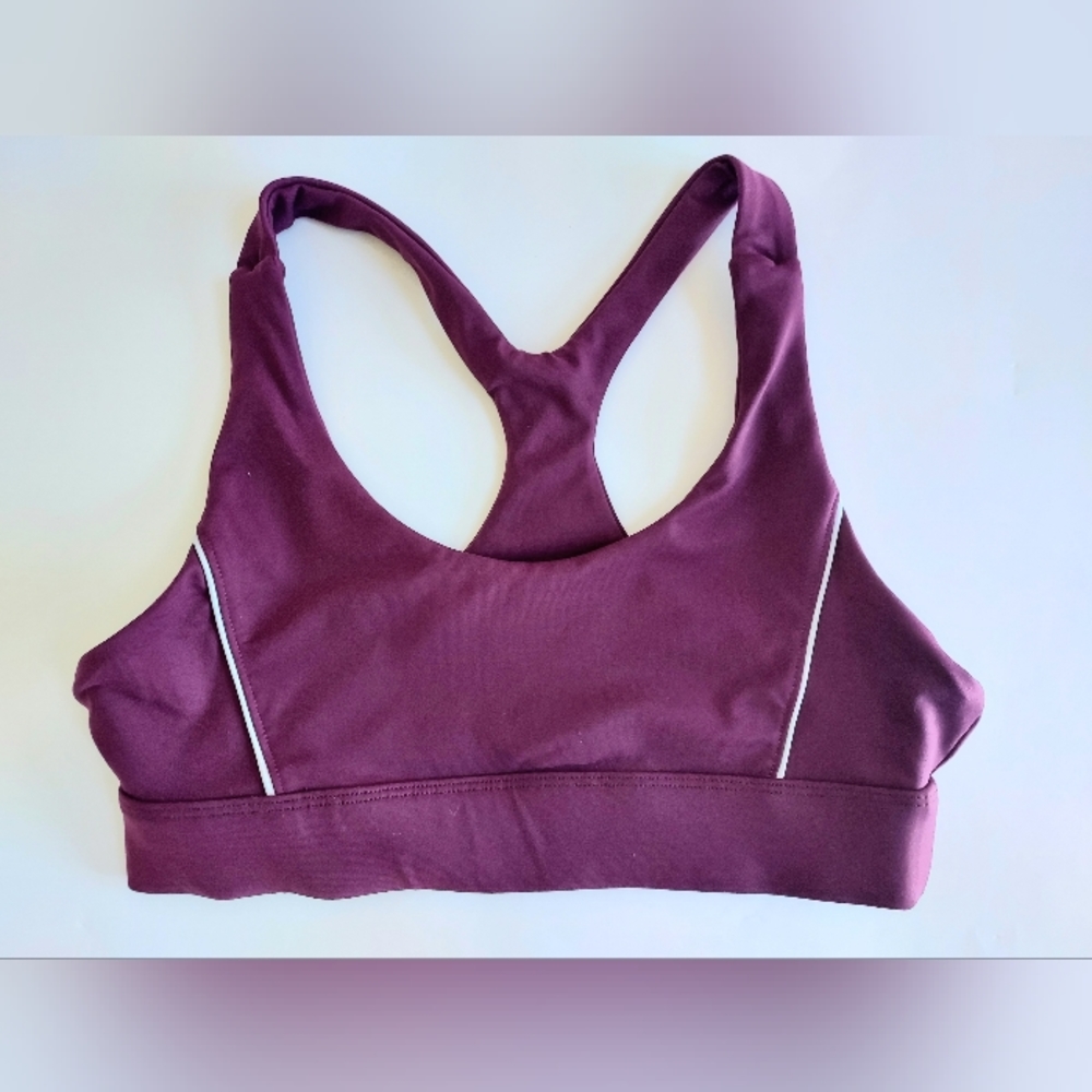 Ladies HUMANKIND Longline Racerback Plum Sport Bra W/Reflective Piping Size L